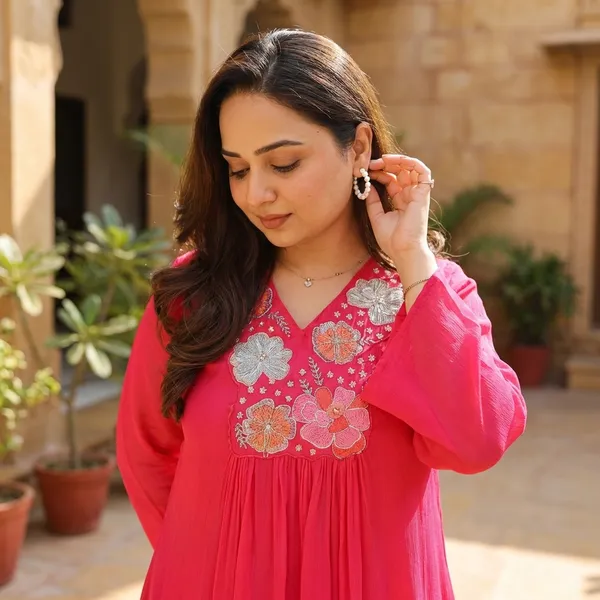 Vibrant_Pink_Embroidered_Kurti_Set_with_Floral_Detailing