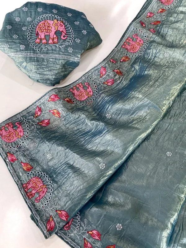 Grey_Embroidered_Elephant_Motif_Silk_Saree_with_Blouse_Piece