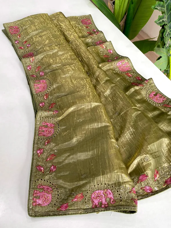 Olive_Green_Silk_Saree_with_Pink_Elephant_Embroidery_and_Sequin_Border