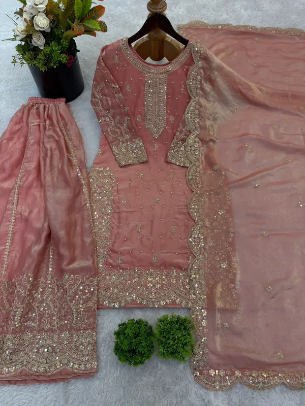 Peach_Embroidered_Sharara_Suit_Set_with_Heavy_Golden_Work