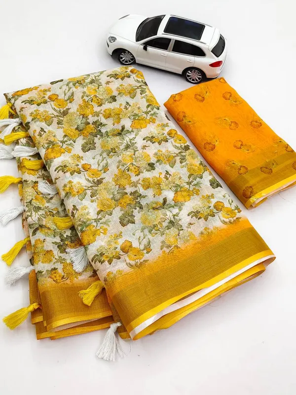 Yellow_Floral_Print_Cotton_Saree_with_Blouse_Piece