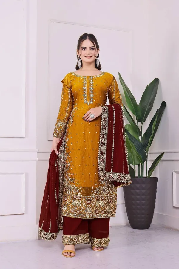 Mustard_Yellow_Embroidered_Kurta_with_Maroon_Palazzo_and_Dupatta_Set