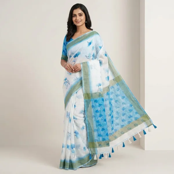 Blue_Floral_Print_Linen_Saree_with_Contrast_Border_and_Tassels