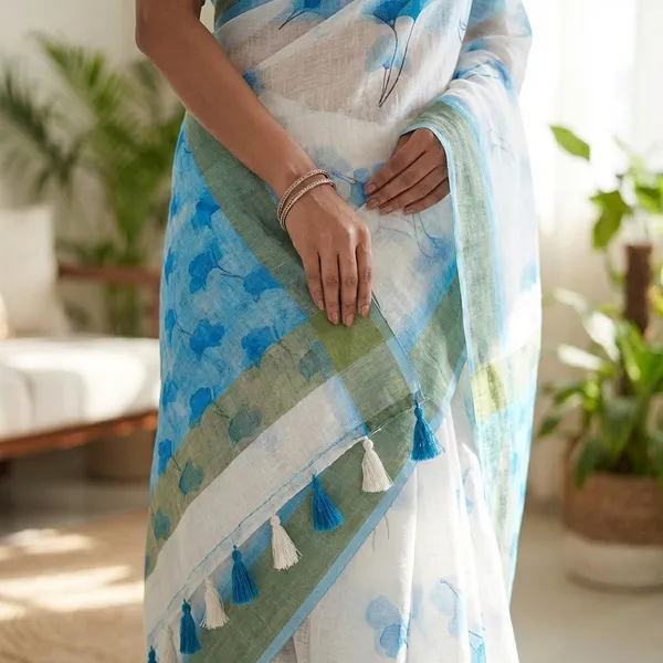 Blue_Floral_Print_Linen_Saree_with_Contrast_Border_and_Tassels