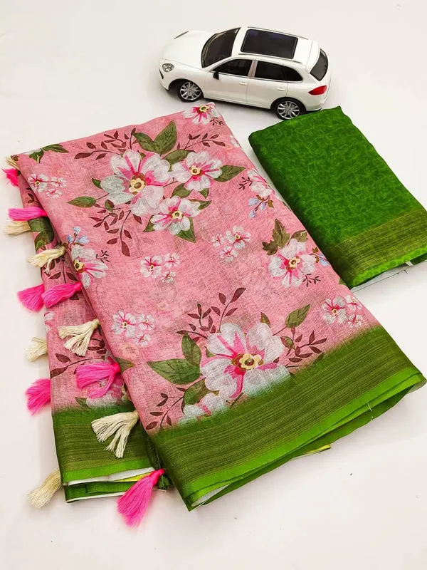 Pink_Floral_Printed_Linen_Saree_with_Green_Border_and_Tassel_Details