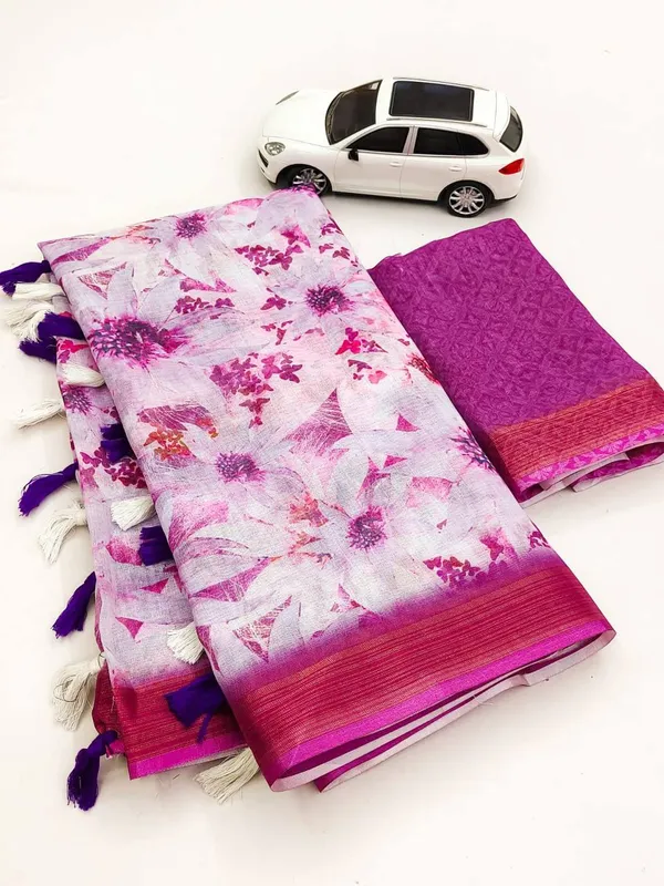 Elegant_Purple_Floral_Print_Linen_Saree_with_Contrast_Border