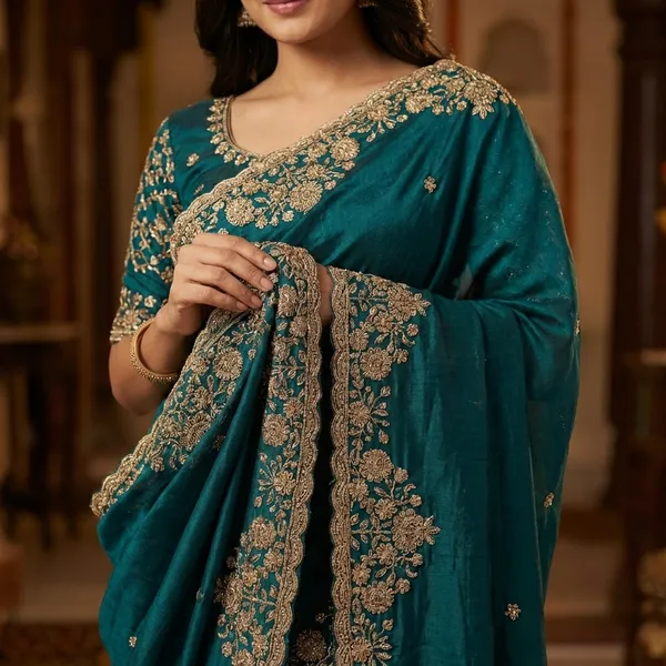 Teal_Blue_Embellished_Saree_with_Heavy_Border_Work