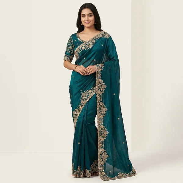 Teal_Blue_Embellished_Saree_with_Heavy_Border_Work
