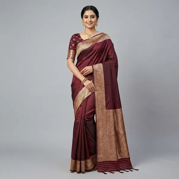 Maroon_Banarasi_Silk_Saree_with_Golden_Zari_Border