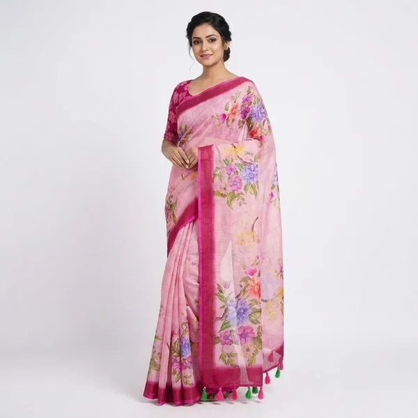 Pink_Linen_Saree_with_Floral_Embroidery_and_Tassels