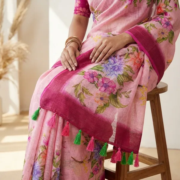 Pink_Linen_Saree_with_Floral_Embroidery_and_Tassels