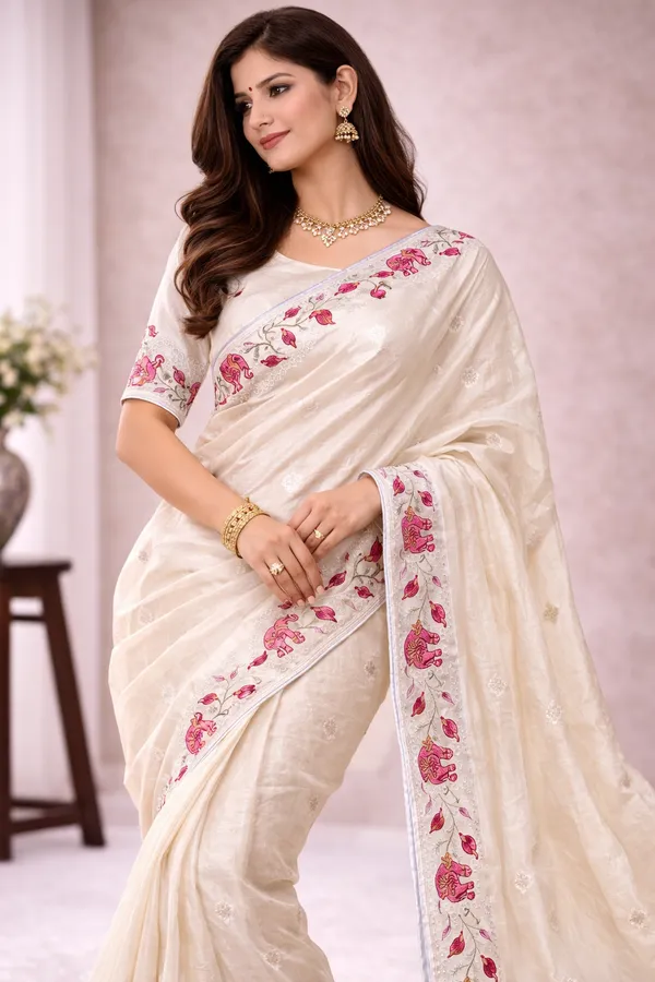 White_Organza_Saree_with_Pink_Elephant_Embroidery_and_Sequin_Border