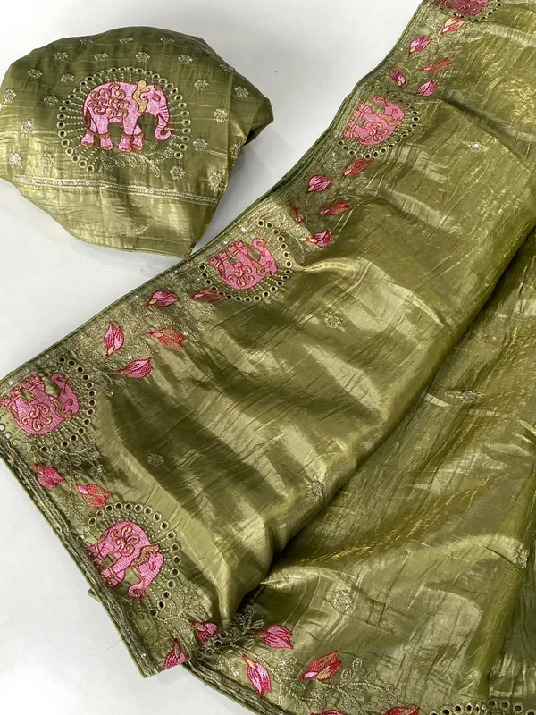 Olive_Green_Silk_Saree_with_Pink_Elephant_Embroidery_and_Sequin_Border