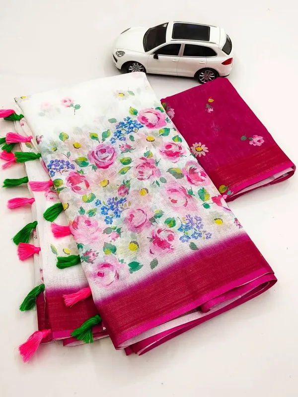 White_and_Pink_Floral_Printed_Linen_Saree_with_Magenta_Border_and_Tassels
