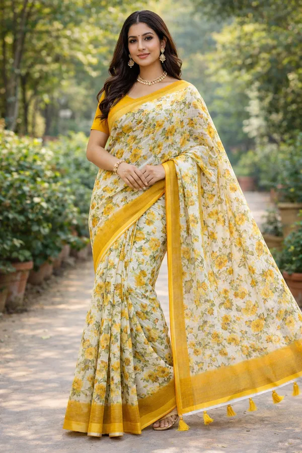 Yellow_Floral_Print_Cotton_Saree_with_Blouse_Piece