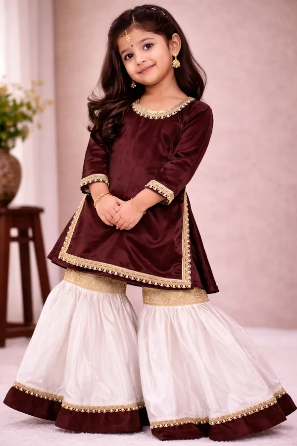 Brown_Kurti_with_Gold_Embellished_Border_and_White_Sharara_Set