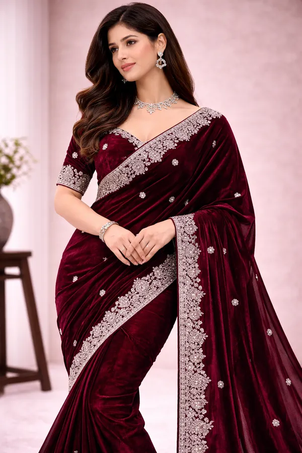 Hafsaad_Luxurious_Maroon_Velvet_Saree_with_Silver_Embroidered_Border_and_Sequin_Work