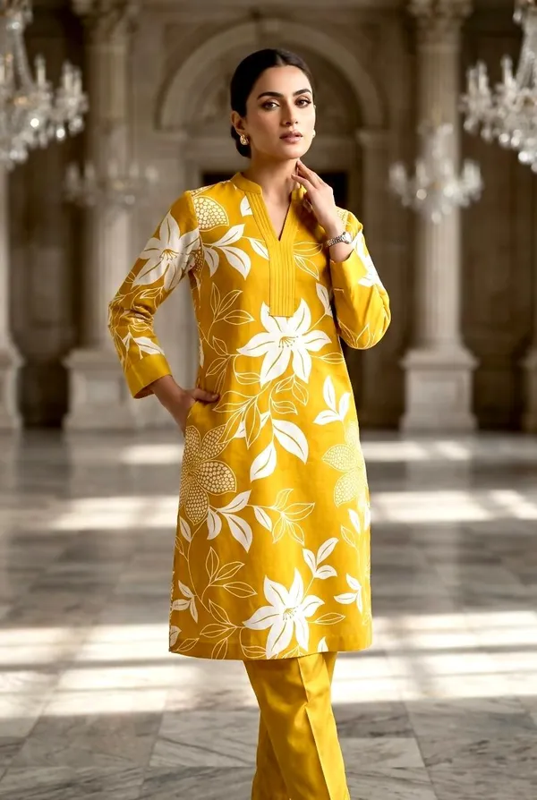Mustard_Yellow_Floral_Print_Kurta_Set_with_Solid_Pants