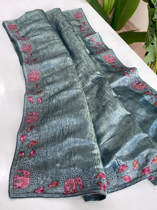 Grey_Embroidered_Elephant_Motif_Silk_Saree_with_Blouse_Piece