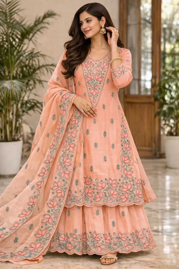 Peach_Embroidered_Unstitched_Suit_Set_with_Floral_Thread_Work