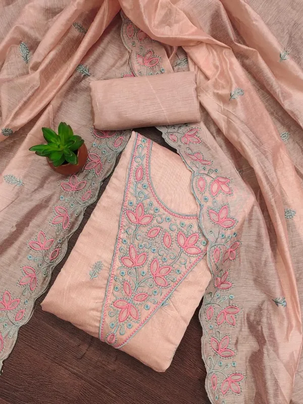 Peach_Embroidered_Unstitched_Suit_Set_with_Floral_Thread_Work