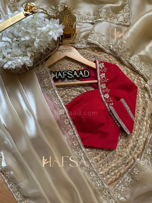 Red_Embellished_Blouse_with_Champagne_Gold_Embroidered_Silk_Saree_-_Hafsaad_Bridal_Collection