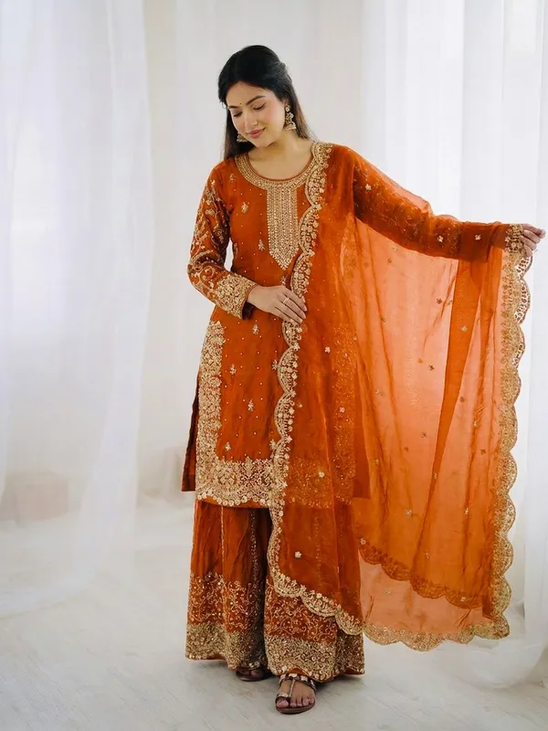Orange_Embellished_Ethnic_Suit_Set_with_Dupatta_and_Embroidered_Sharara
