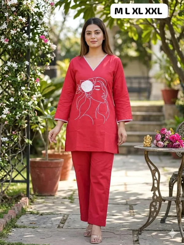 Women's_Red_Cotton_Kurta_Pajama_Set_with_Abstract_Face_Design