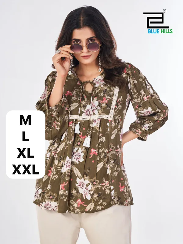 Women's_Olive_Green_Floral_Print_Short_Tunic_Top_with_Tassel_Detailing