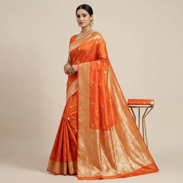 Orange_Banarasi_Silk_Saree_with_Golden_Zari_Border