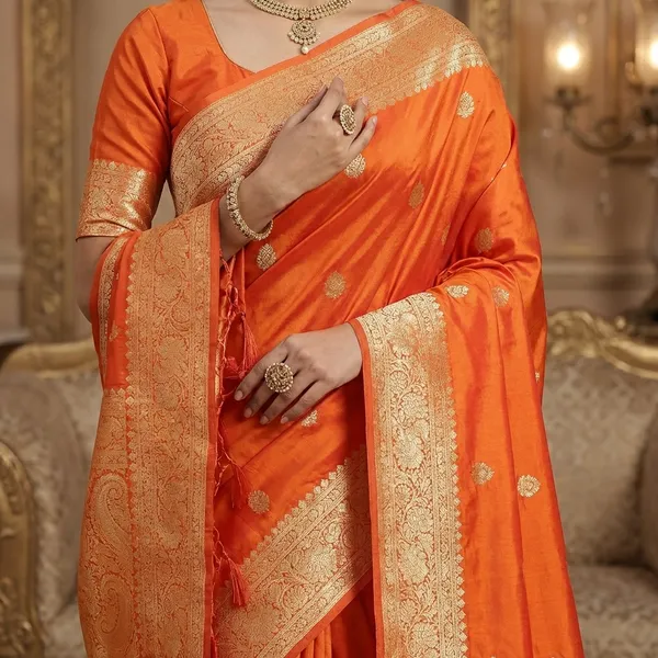 Orange_Banarasi_Silk_Saree_with_Golden_Zari_Border