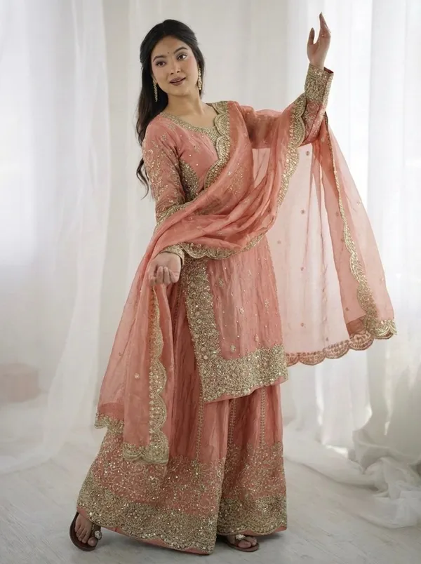 Peach_Embroidered_Sharara_Suit_Set_with_Heavy_Golden_Work