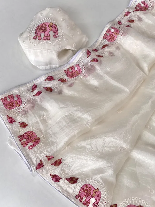 White_Organza_Saree_with_Pink_Elephant_Embroidery_and_Sequin_Border