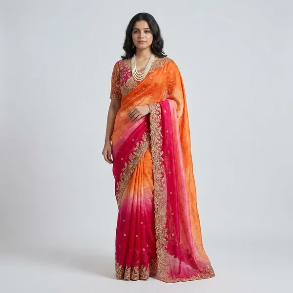 Orange_and_Pink_Ombre_Embellished_Saree_with_Pearl_Jewellery