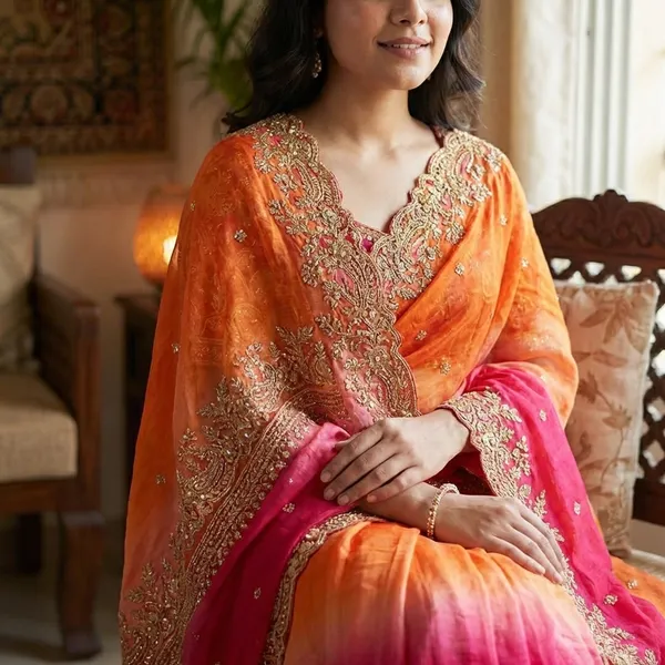 Orange_and_Pink_Ombre_Embellished_Saree_with_Pearl_Jewellery