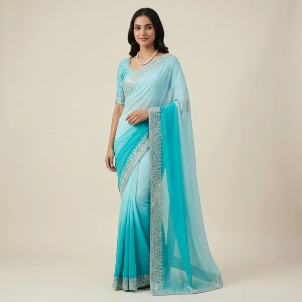 Elegant_Turquoise_Blue_Embellished_Saree_with_Silver_Border_and_Sequin_Blouse