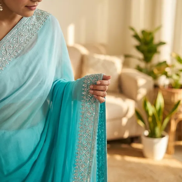Elegant_Turquoise_Blue_Embellished_Saree_with_Silver_Border_and_Sequin_Blouse