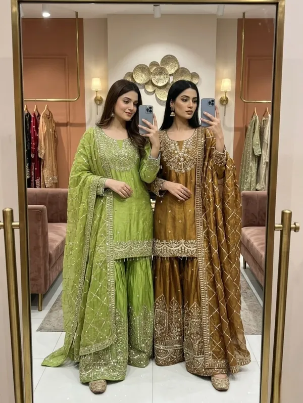 Women's_Embroidered_Fendy_Silk_Sharara_Suit_Set_-_Mustard_Gold_(3-Piece:_Kurta,_Palazzo_&_Dupatta)