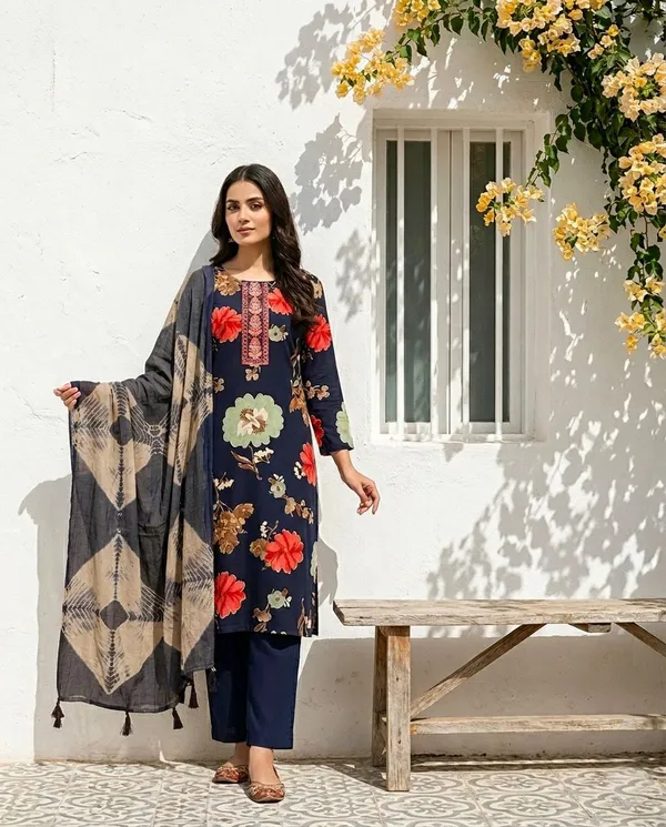 Navy_Blue_Floral_Printed_Kurti_with_Embroidered_Yoke_and_Matching_Dupatta