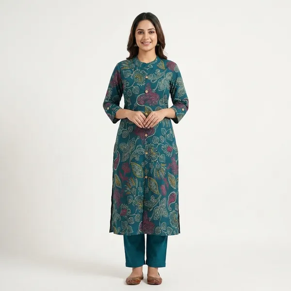 Teal_Floral_Printed_Kurta_with_Matching_Bottoms_and_Sunflower_Accent