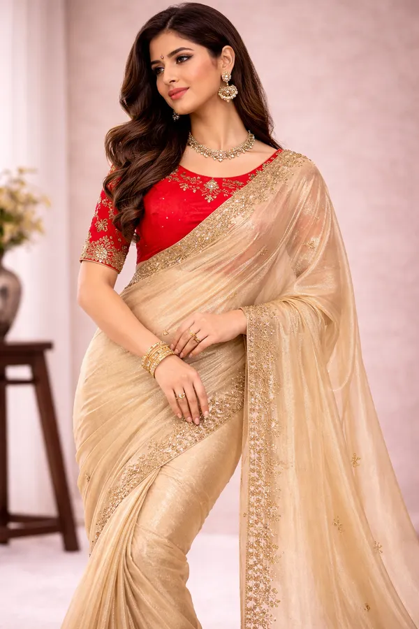 Elegant_Golden_Saree_with_Sequin_Work_and_Red_Embroidered_Blouse