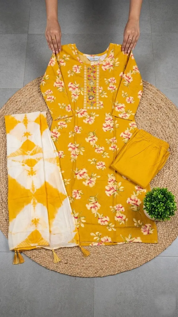 Mustard_Yellow_Floral_Printed_Kurta_Set_with_Tie-Dye_Dupatta