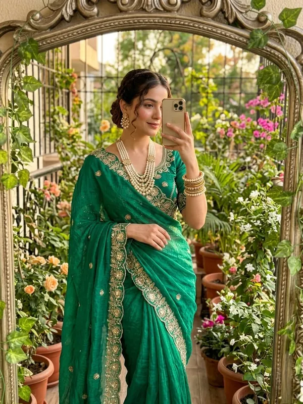 Green_Embroidered_Saree_with_Heavy_Blouse_and_Golden_Border