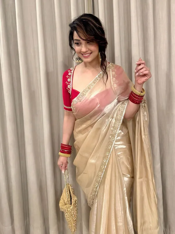Elegant_Beige_&_Gold_Silk_Blend_Saree_with_Embellished_Border_and_Red_Blouse