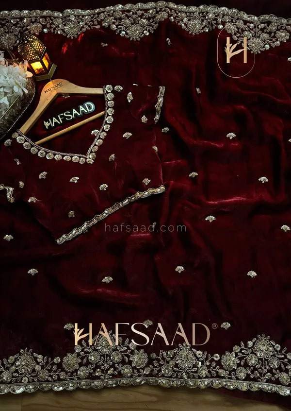 Hafsaad_Luxurious_Maroon_Velvet_Saree_with_Silver_Embroidered_Border_and_Sequin_Work