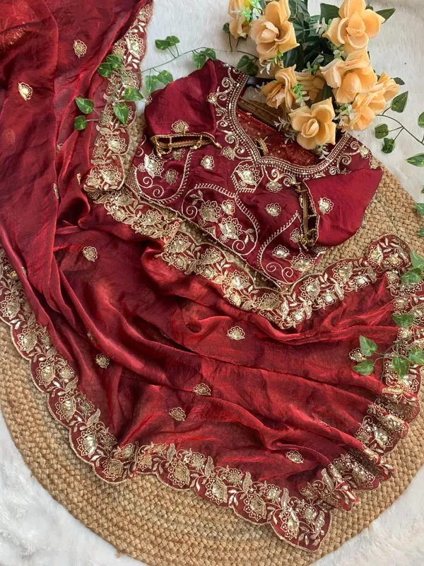 Maroon_Embroidered_Saree_with_Golden_Zari_Work_and_Blouse_Piece
