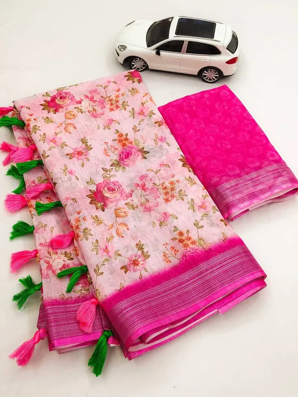 Floral_Print_Cotton_Saree_with_Contrast_Border_and_Blouse