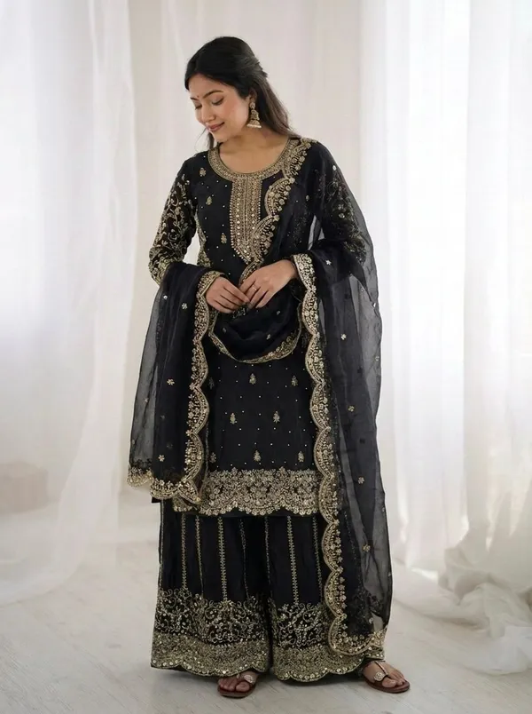 Black_Georgette_Sharara_Suit_Set_with_Gold_Embroidery_and_Dupatta