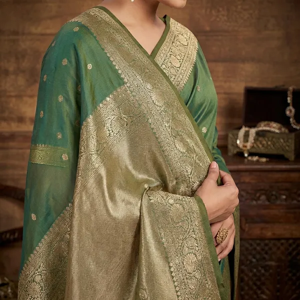 Elegant_Green_Banarasi_Silk_Saree_with_Golden_Zari_Border