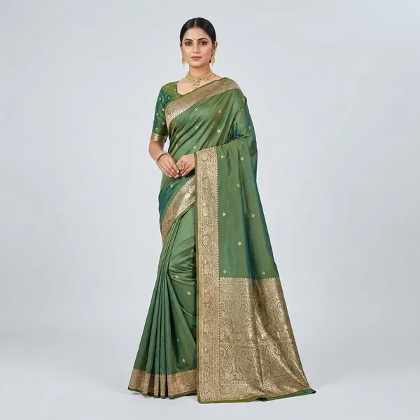 Elegant_Green_Banarasi_Silk_Saree_with_Golden_Zari_Border